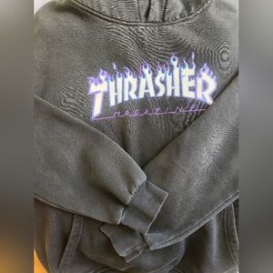 Thrasher Black Hoodie with Purple Logo. Says XXL But Fits Like A Med